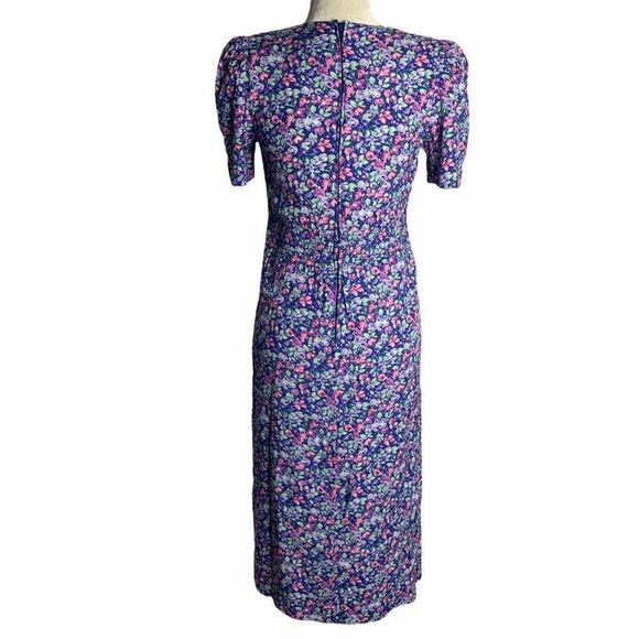 Vintage Floral Pleated Midi Dress Blue Cottagecore - Picture 7 of 10
